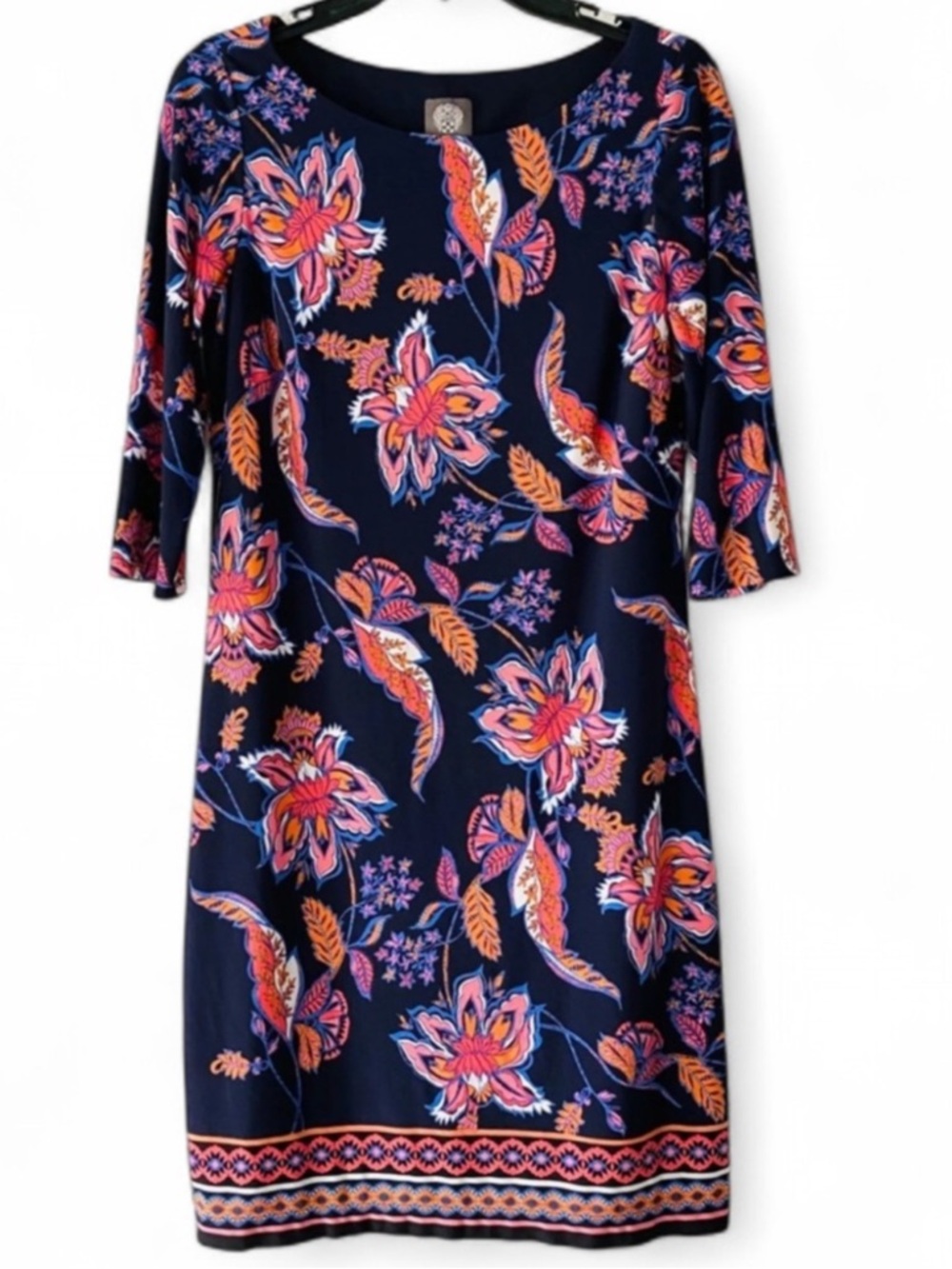 Vince Camuto Navy Floral Long-Sleeve Shift Dress with Pink & Orange Accents